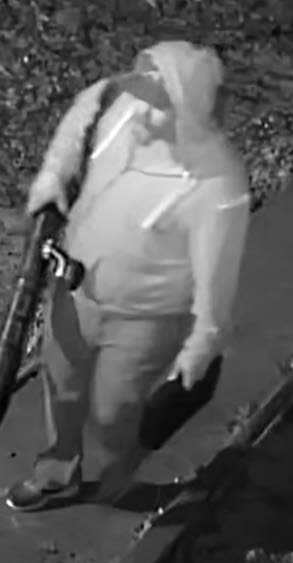 Black and white image of burglary suspect wearing with a goatee while wearing light colored hoodie and ball cap, long pants and athletic shoes. The suspect is photographed carrying a leaf blower and a small toolbox.